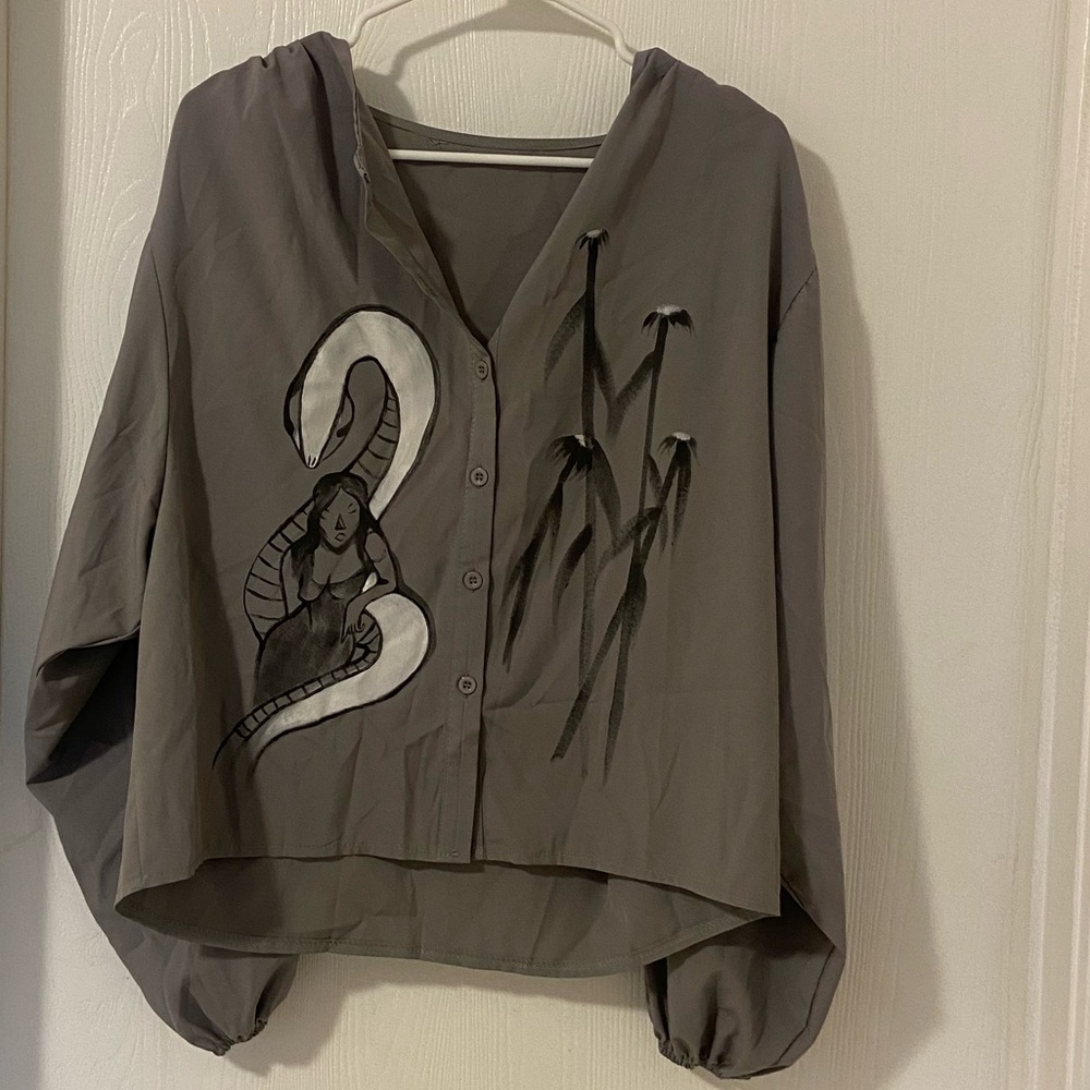 Gray Button-Up Shirt with Snake and Woman Design